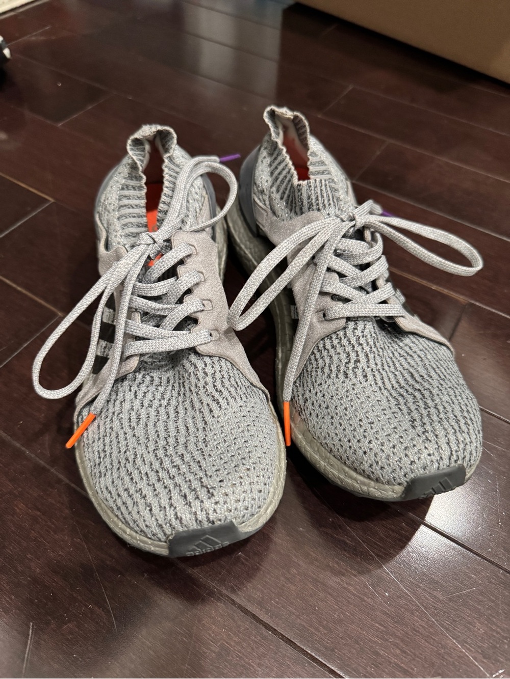 Adidas women’s Grey Knit Lace-Up Sneakers with Orange Accents